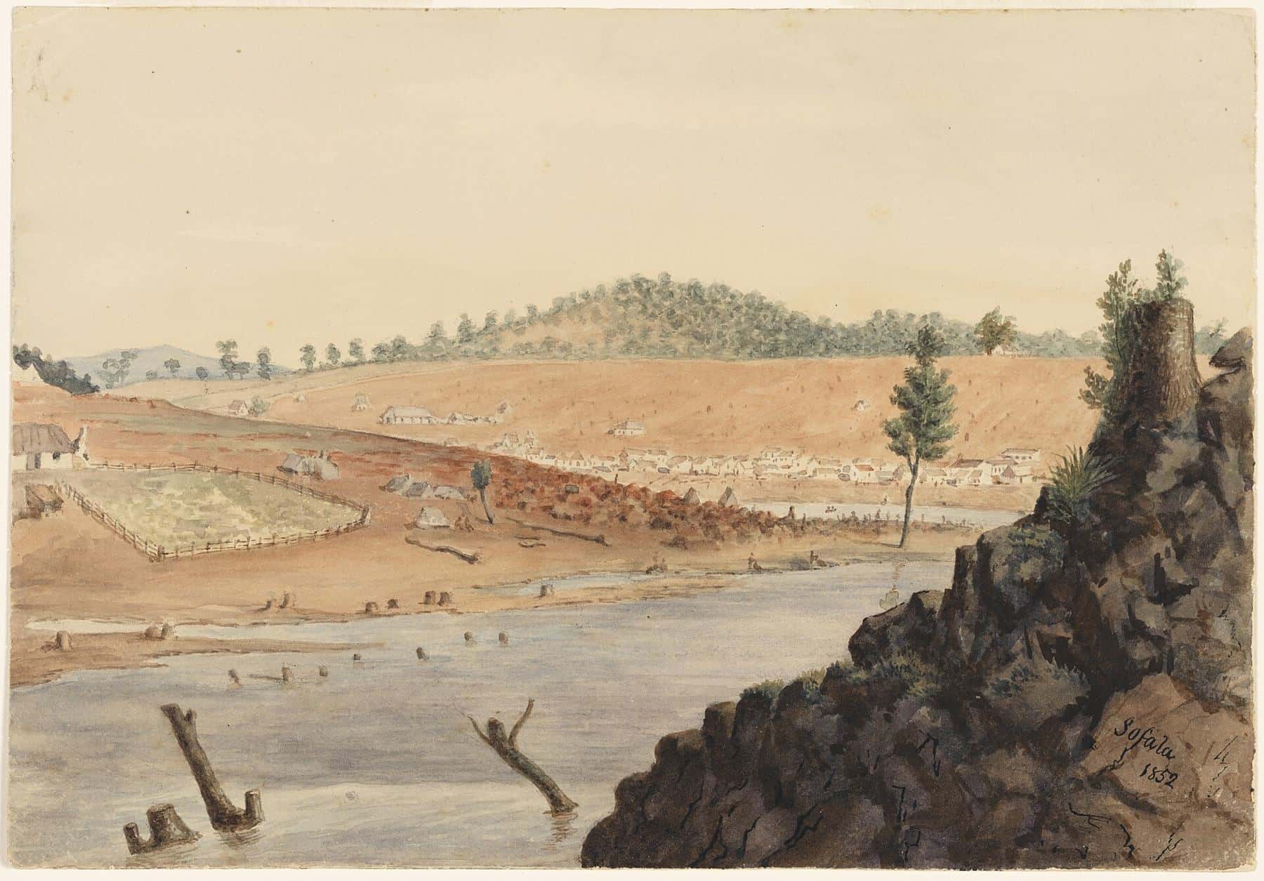 Watercolour of tents and diggers along the Turon River at the Sofala goldfield in 1852